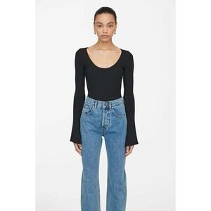 Anine Bing Black Ribbed Knit Scoop Neck Top with Flare Long Sleeves Size XS